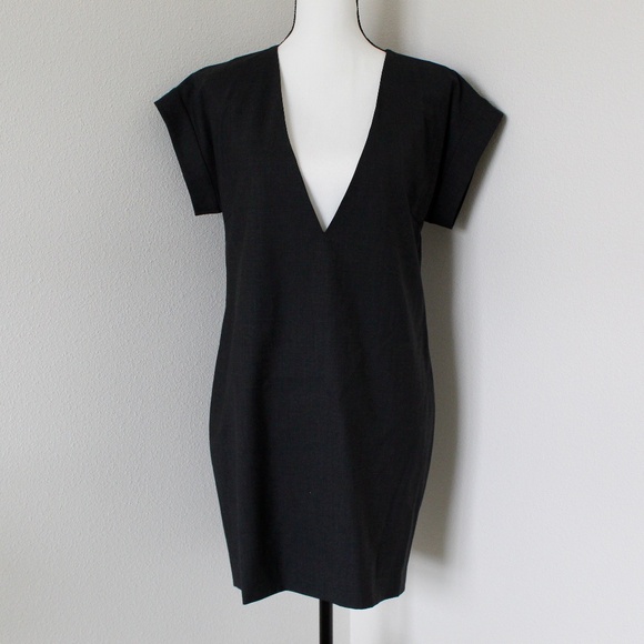Dark Gray Deep Plunged V-Neck Cap Sleeve Wool Shift Dress - Picture 1 of 7
